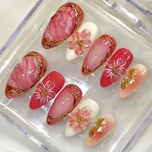 30pcs Flower Nail Art Set, Gradient Almond Nails, Detachable False Nails, Jelly Glue & Nail File Included, Beauty Accessories