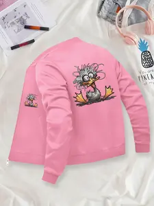Cartoon Duck Printed Bomber Jacket - Zip-Up Casual Jacket, Stand Collar, Polyester Knit Fabric, Fitted Design, Pocket Detail, Suitable for Autumn & Winter.