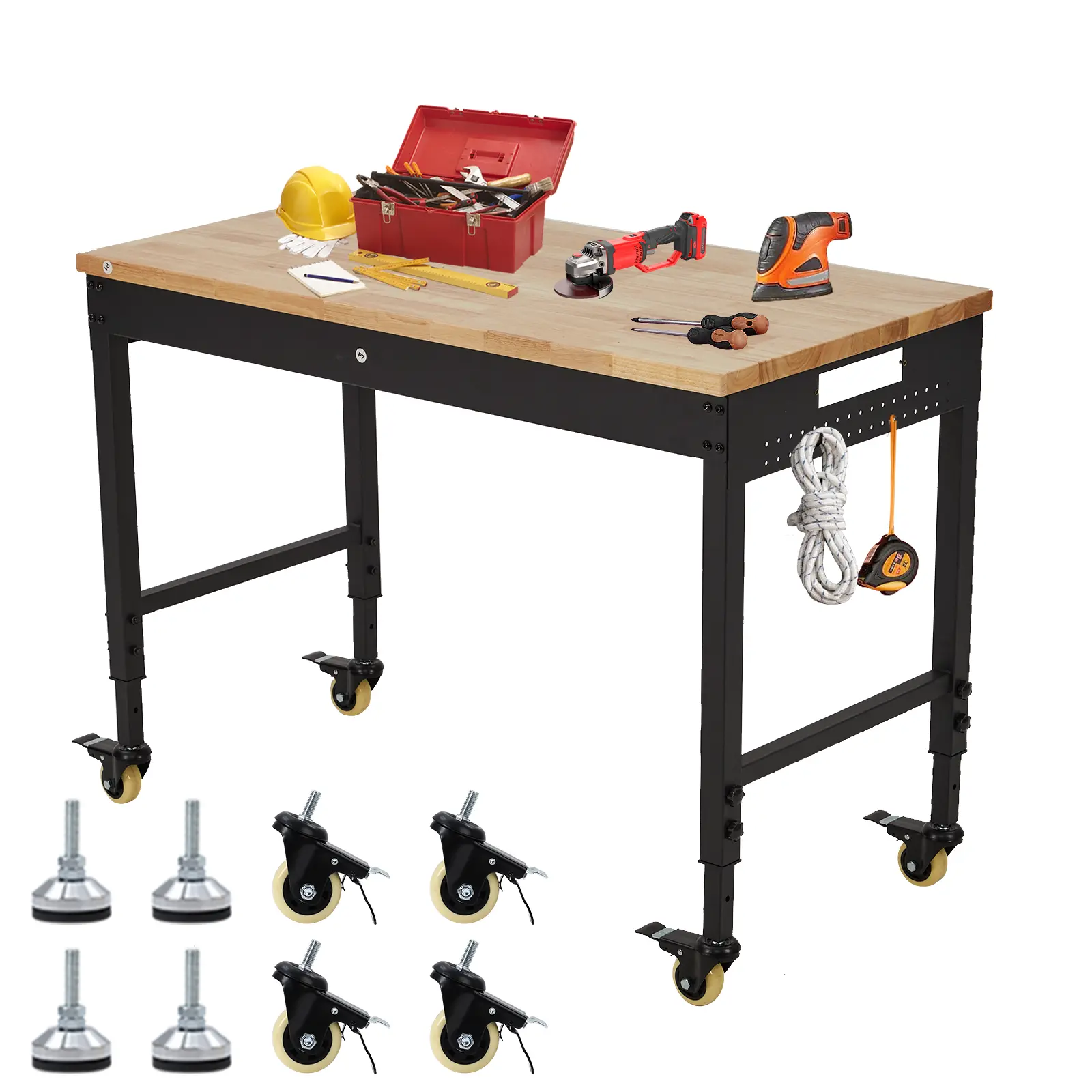 Garvee Upgraded Heavy Duty Adjustable Workbench 48 Inch – 2000 lbs Capacity, Sturdy Rubber Wood Top, Drawers, Pegboard, Power Outlets, Rolling Table for Garage, Workshop, Warehouse