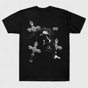 Retro Jesus Cross Graphic Print Acid Washed T-Shirt Cotton Unisex Graphic Tees, Crew Neck, Size S- 3XL, Menswear Top, Womenswear Top Underwear Streetwear Tshirt Tropical Round Neck Crewneck