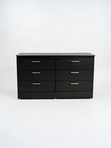 Modern Black Oak 6-Drawer Dresser | Minimalist Bedroom Storage W Gold Handles