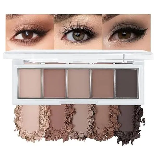 Matte Eyeshadow Makeup Palette, 5 Natural Neutral Nude Brown Cool-Toned Nude Taupe Eyeshadow, Looks for Brown Eyes Women Finish Long Wearing Waterproof Professional Eye Makeup