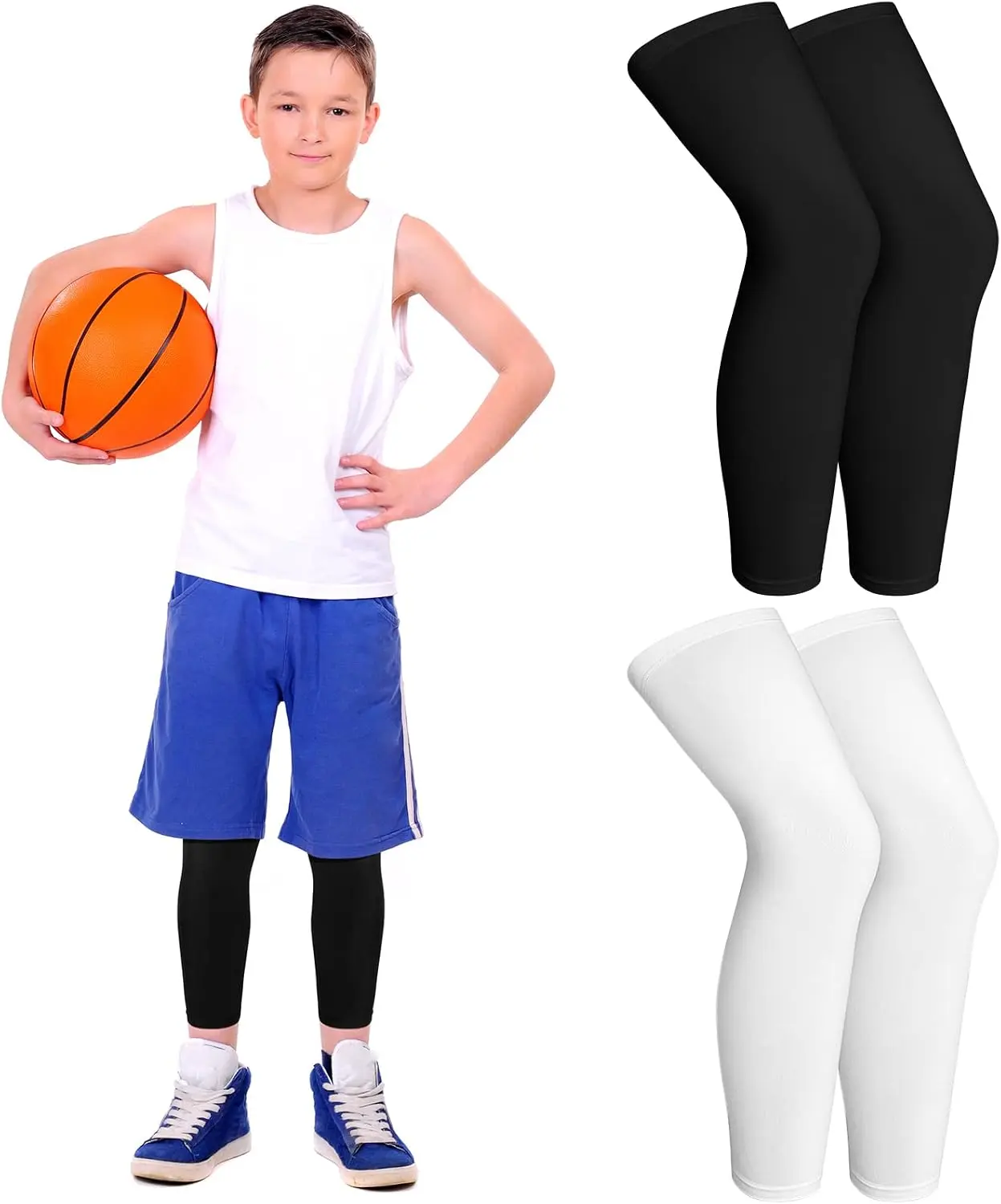Sports Geyoga 2 Pairs Kids Long Compression Leg Sleeves Long Knee Sleeves UV Protection for Boy Girl Youth Basketball Running Sport