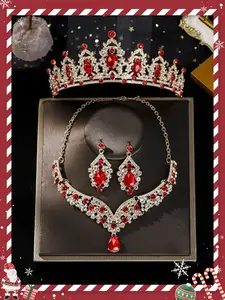 Baroque Crown Headpiece Bridal Wedding Jewelry Set, Elegant Crystal Crown Necklace Earrings Four-Piece Set, Birthday Crown