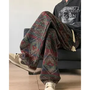 Unisex American retro distressed straight-leg ethnic jacquard wide-leg trousers; men’s autumn knitted sweatpants; navy blue menswear