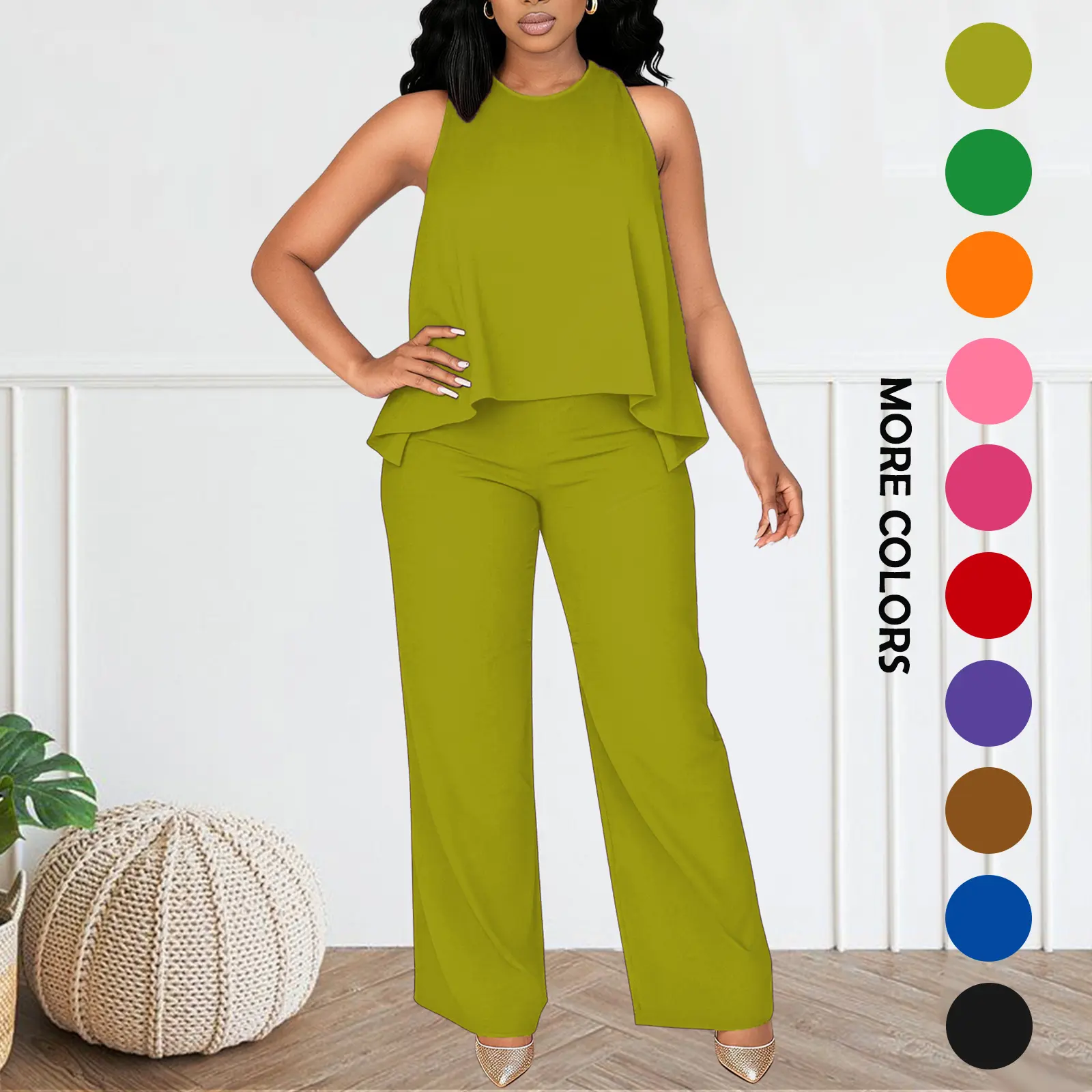 Women's Spring-Summer Set:Lightweight Flowy Halter Two-Piece with High-Waisted Wide Leg Pants–Comfortable, Stylish, and Perfect for Every Casual to Dressy Occasion This Season  Clothes Womenswear Suits Top Trouser