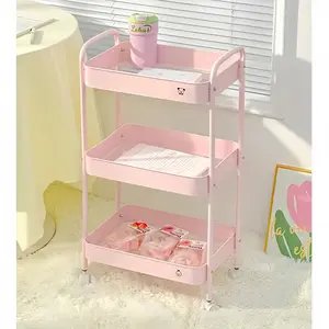 3-Tier Rolling Cart - Metal Utility Storage Organizer with Lockable Wheels, 33 lbs Per Shelf, Tool-Free 5-Min Assembly, for Kitchen Bathroom Office Nursery Craft Room, Pink