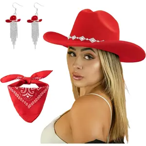Western Cowgirl Hat for Women Men, Fedora Wide Brim Rhinestone Cowboy Hat with Bandana and Cowgirl Tassels Earrings