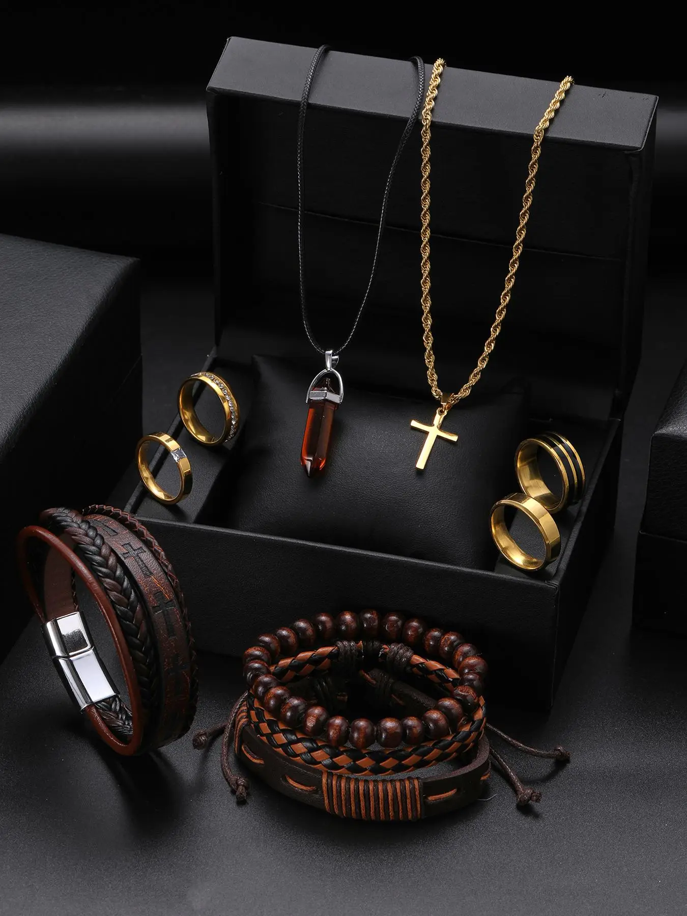 Men's Punk Style Jewelry Set, Vintage Cross Necklace, Adjustable Beaded & Hand Chain & Layered Bracelet Set, Rhinestone Ring, Stainless Steel Jewelry