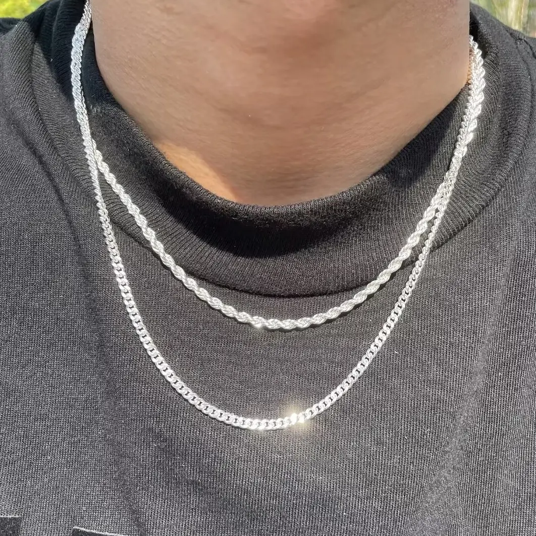 Men's 2-Piece 3mm Layered Cuban Link & Rope Chain Necklaces Set, 18-28in Silver Trendy Summer Vibes Jewelry, 2 piece sets for Boyfriend Anniversary & Birthday Gifting, Gifts For Boyfriend, Birthday Gifts For Bf, Stylish Accessories, Textured, Two Pieces