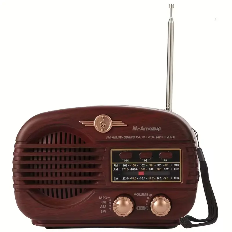 M-Amazup Compact 3-Band AM/FM/SW Retro Portable Shortwave Radio Receiver - 16-in High-Gain Antenna, Wireless Bluetooth Speaker, TWS Stereo MP3 Player, USB Charging, Lanyard, Card-Enabled Device for Vintage Radio Enthusiasts