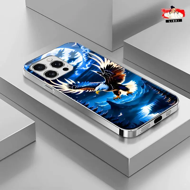 Electroplated Cover for iPhone 16 Pro Max - Light Luxury Crystal Glass Protective Cellphone Casing with Eagle & Scorpion Patterns, Exquisite Mobile Phone Accessories