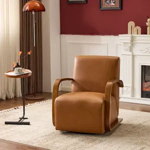 Retro Brown Faux Leather Accent Chair, 360° Swivel Ergonomic Lounge Chair with Curved Solid Wood Armrests, High-Density Foam Seat and Suede Pillow, Mid-Century Modern Upholstered Leisure Chair for Living Room Reading Nook Home Office