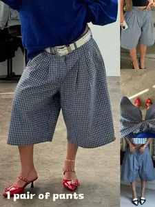 Women's Blue Plaid Workwear Wide Leg Pants, Fashion Casual High Rise Loose Fit, High Waist Slimming Long Pants, Trendy Street Style