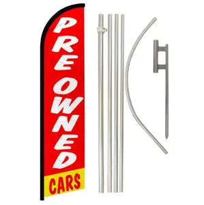 Windless Banner Flag & Steel-Aluminium Pole Complete Kit, 11.5x2.5 ft Outdoor Polyester Banner Flag with Pole, Red & White Preowned Cars Design for Home/Festive Party Backdrops