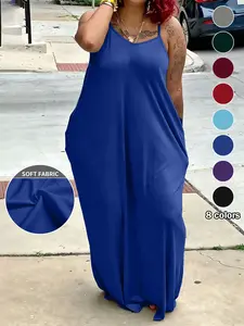 Plus Size Women's Casual Long Dress, 8 Color Options, Thin Strap Halter Neck, Pockets, Loose Fit, Daily Wear, Vacation, Home