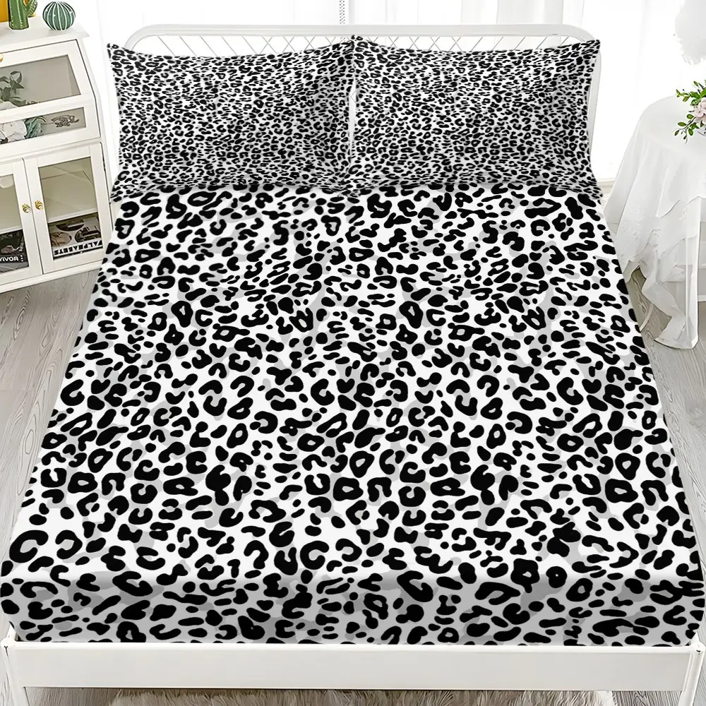 3-piece black and white leopard print bed sheet set, 1 bed sheet and 2 pillowcases unfilled, elegant leopard print design bedding set, machine washable, suitable for all seasons Bedsheet Sets Leopard Print Sheets