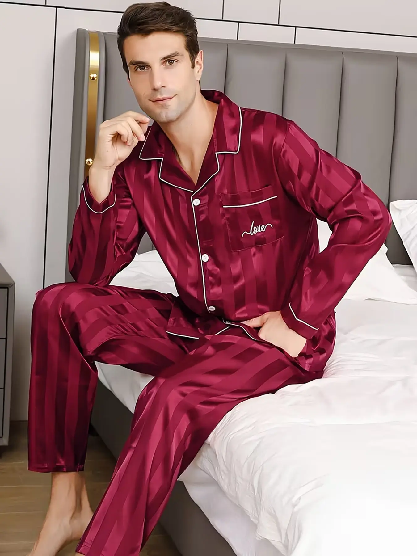 Men's Boat Print Satin Pyjama Pajamas Two-Piece Set, Casual Comfy Long Sleeve Collared Shirt & Pants Loungewear Set, Men Sleepwear Set for All Seasons, Menswear