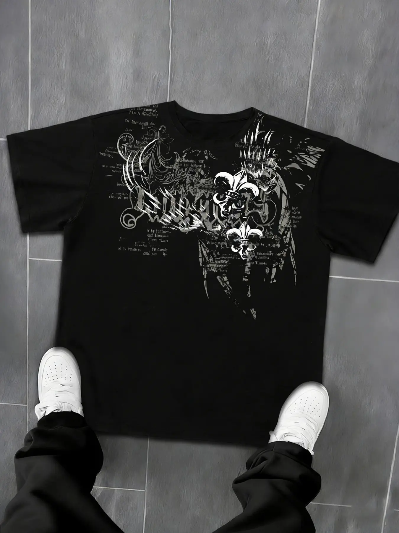 Men's Loose Gothic Baroque Print T-Shirt, Retro Vintage Letter Floral Top, Breathable Blend, Street Style, Casual Wear, Skateboarding, Hip Hop, Streetwear