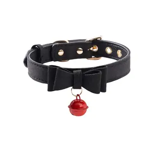 CHICCHOK Miss Belle Fashion Cute and Lovely Style Bow Tie with Bell Daily Wear Leather Choker Women's Bone-Shaped Pendant Necklace Jewelry Gifts