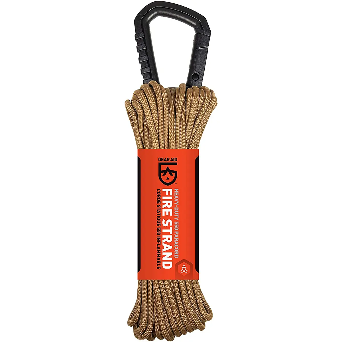 Gear Aid 50 ft. Heavy Duty 7-Strand Outdoor Fire Paracord, Lightweight, with Carabiner, Attaches to MOLLE Systems, for Adventures - Coyote