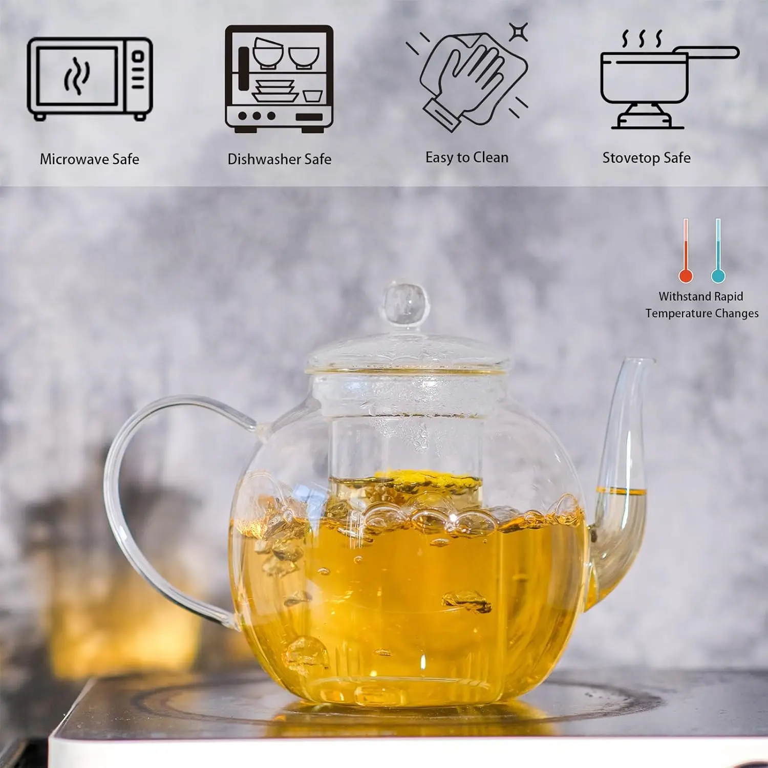 1530ml Glass Teapot with Removable Infuser, Stovetop Safe Tea Kettle, Blooming and Loose Leaf Tea Maker Set Iced Tea Pitcher Tea Bag Kitchenware