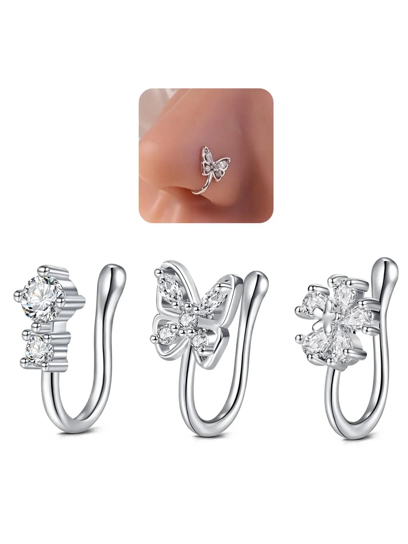 Silver Nose Cuffs Fake Nose Ring Cuff Non Piercing Butterfly Flower Silver Clip on Nostril Cuffs for Non Pierced African Women Nose Ring Jewelry Body Jewelry Body Jewellery