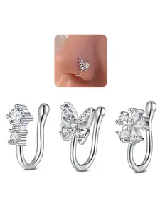 Silver Nose Cuffs Fake Nose Ring Cuff Non Piercing Butterfly Flower Silver Clip on Nostril Cuffs for Non Pierced African Women Nose Ring Jewelry Body Jewelry