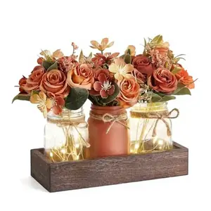 Decorative 3-Pack Transparent Plastic Mason Jars Set with Wooden Tray & Orange Flower Floral Centerpiece, Wedding & Christmas Kitchen Table Decorations, Gift Box Included