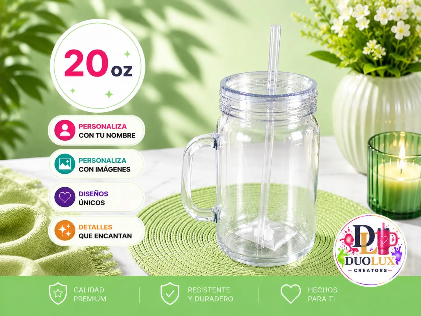 20 OZ Personalized Double Wall Acrylic Mason Jar with Handle & Straw | Custom Name & Photo Gift