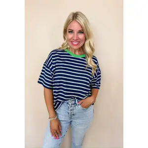Navy Blue & Green Striped Boxy Tee