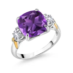 3.50 Cttw Purple Amethyst and White Created Sapphire 3 Stone Ring For Women | 925 Silver and 10K Yellow Gold | Cushion 10MM | Round 4MM