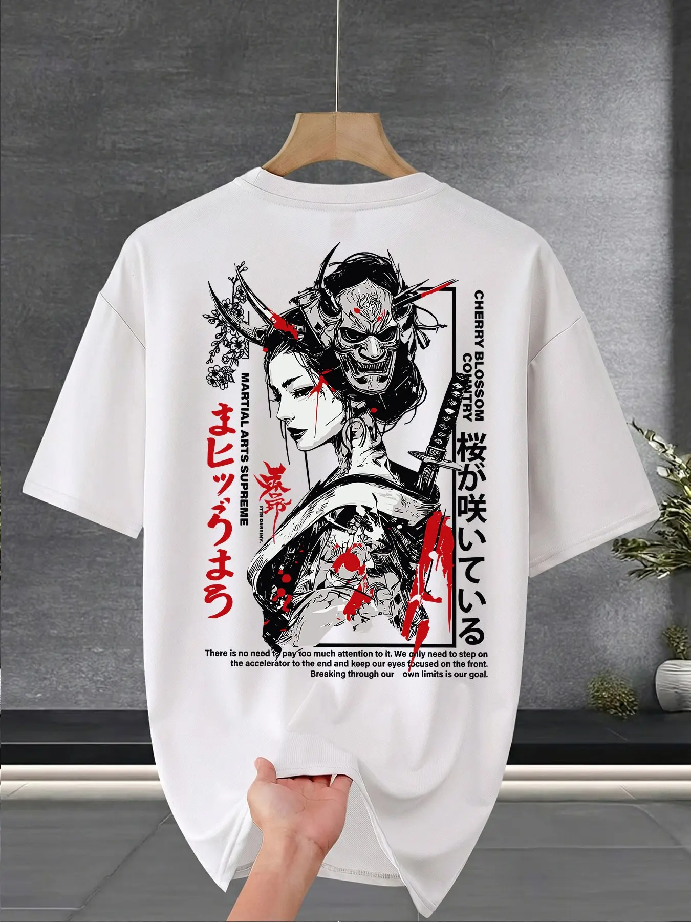 Men's Japanese Geisha Flower Mask Pattern T-Shirt, Loose Fit Large Size, Deep Color Ukiyo-E Samurai Print, Sakura Street Style Tee, Streetwear