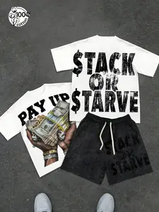 Unisex Y2K Streetwear Hip-Hop "Money" Theme, Summer Two-Piece Set "Stack Or Starve" Slogan Pure Cotton Short-Sleeve Graphic Tee & Vintage Washed Shorts,Suitable for Streetwear, Hip-Hop & Rap, Street Style, Couple Outfits, and Men's Gifts