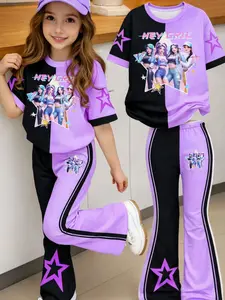 2-Piece Girls' Casual, Q-Style Loose T-Shirt with Bell Pants, Perfect for Back-To-School, Concerts, Daily Wear, Summer