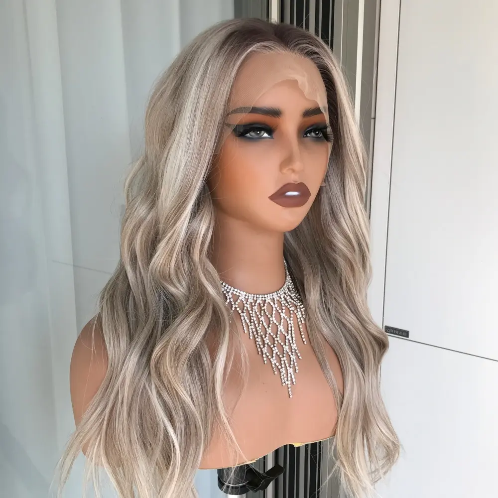 AISOM Selina Ash Beige Blonde Body Wave Free Part 13x4 Lace Front Synthetic Lace Wig with Scandinavian Hairine Low Density Natural Looking 22 Inches Women's Wig