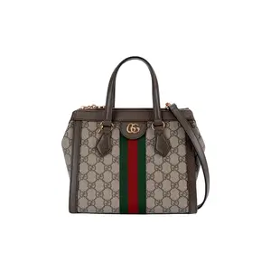 Pre-owned GUCCI Coated Canvas Tote Bags Ophidia Small Tote Bag in Beige/Ebony GG Supreme with Brown Calfskin Leather Trim and Gold Tone Hardware