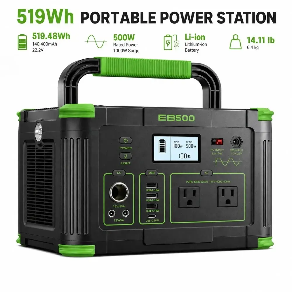 500W 519Wh Portable Power Station Solar Charger Generator Supply Home Camping