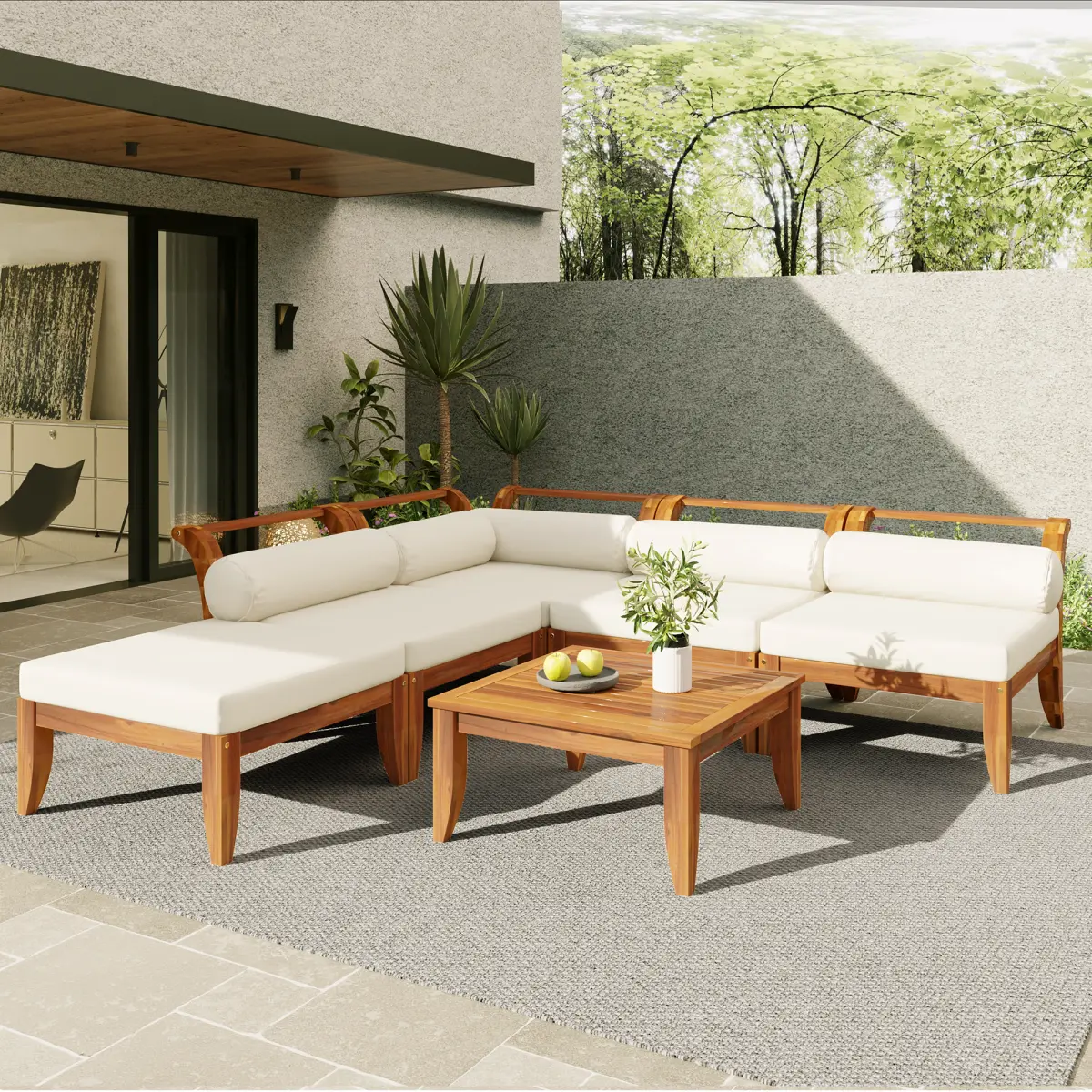 6 Piece Patio Sofa Set, Acacia Wood Outdoor Modular Sectional Garden Furniture Set L-Shaped Conversation Set, Convertible Daybed with Tea Table, Ottoman, 5 Cushions and Pillows, Teak+Beige
