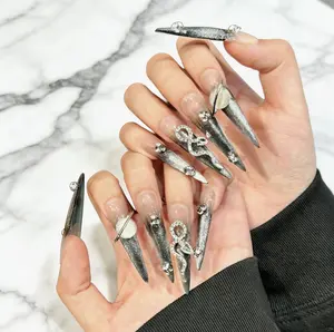 Silver Heavy Industry Starlight Extra Long Nail Piercing | Long Pressing Nails | Fake Nails | High Quality Pressing Nails | Reusable Nails | Nail Art | Nail Charm | Handmade Pressing Nails |Premium Handmade Press On Nails Kit-3D Gel + Full Tools