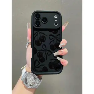 1pc Fashion Black Bow Cherry Pattern Soft TPU Shockproof Full Coverage Phone Case, Compatible With IPhone 17/17 Air/17 Pro/17 Pro Max/16/16 Plus/16 Pro/16 Pro Max/15/14 Plus/13/12/11 And /S25/S25 Plus/S25 Ultra/S24/S23/S22/S21