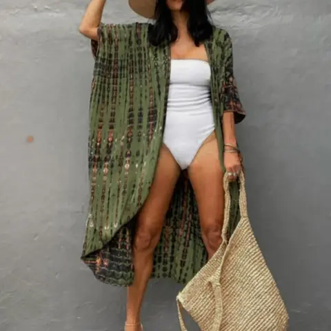 [Plus Size] Tie Dye Print Tie Front Kimono, Summer Clothes Women, Boho Batwing Sleeve Cover Up, Women's Outerwear for Beach Vacation Wear Swimsuit Coverups