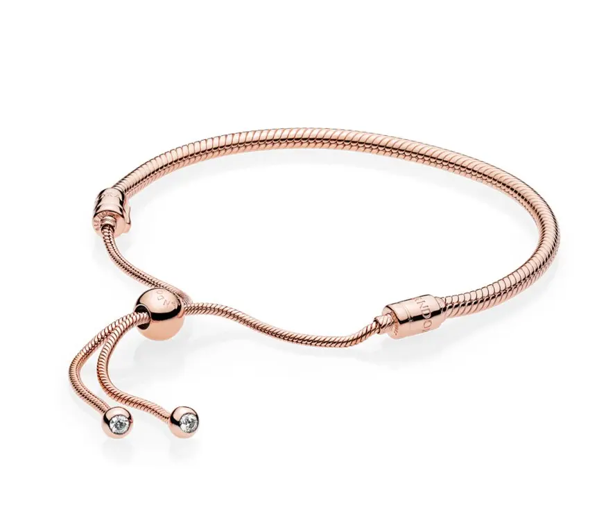 Pandora Moments Snake Chain Slider Bracelet for Adults, Metal Alloy, Stone Ends, Quick Size Adjust, Interchangeable End Caps, 587125CZ-2
