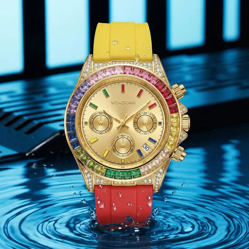 【SummerVibes】 Rainbow gemstone Wormhole Concept Chronograph dial with diamond accents & contrast silicone strap. Folding clasp. Water‑resistant, classic yet fashion‑forward—perfect for daily wear. High‑end light luxury for men & women. Crystal Watch