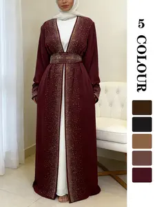 Women's Glitter Rhinestone Embellished Belted Abaya, Long Sleeve Open Front Abayas, Women's Islamic Clothing for Spring & Fall