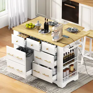 Kitchen Island with 6 Drawers & Pull Out Trash Can Storage, Rolling Cart with Drop Leaf & Power Outlet, 5 Open Side Racks, Mobile Kitchen Storage for Dining Room