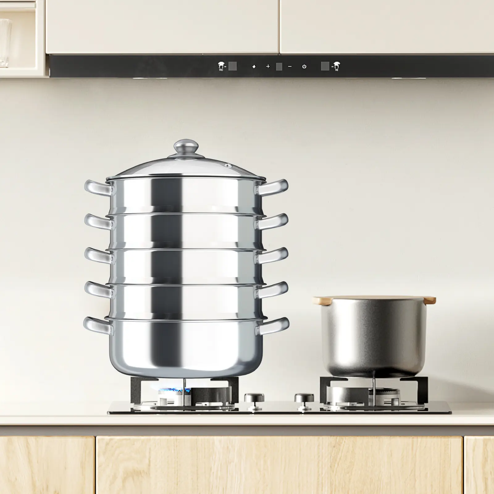 Stainless Steel Steamer 30x39.5cm, Multi Tier Food Steamer for Domestic Commercial Stove, Silver Cooking Pot with Lid