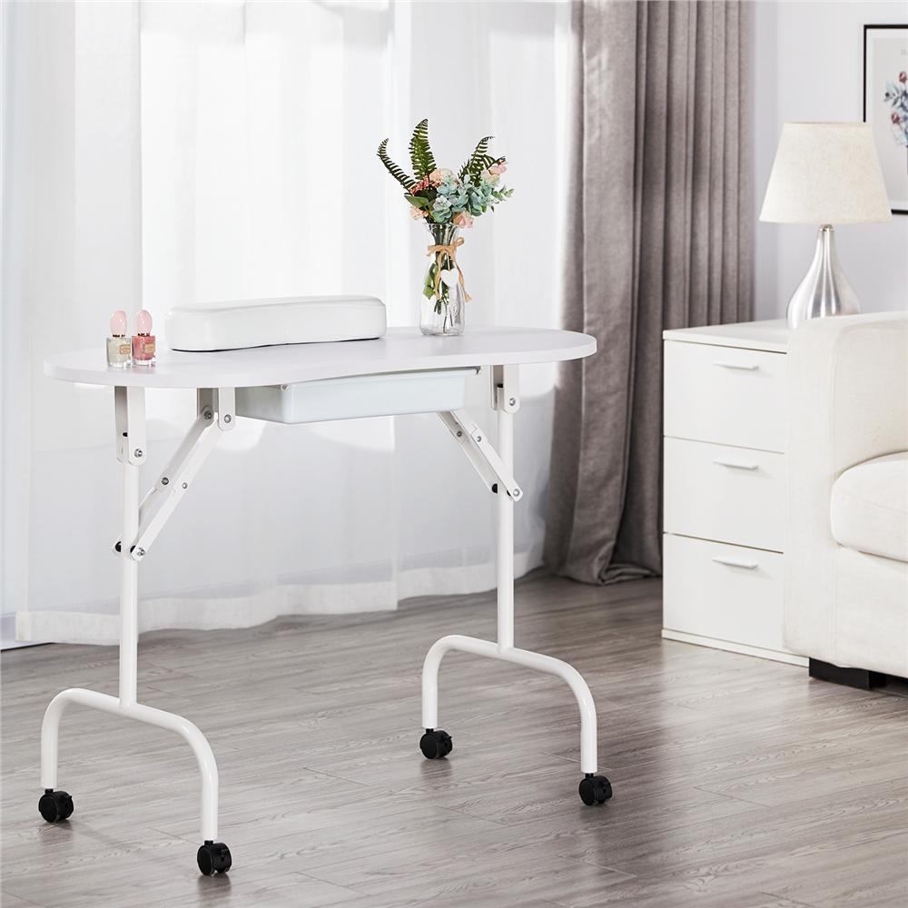 【Crazy Price】Yaheetech 37-inch Portable & Foldable Manicure Table Nail Desk Workstation with Large Drawer/Client Wrist Pad/Controllable Wheels/Carrying Case for Spa Beauty Salon