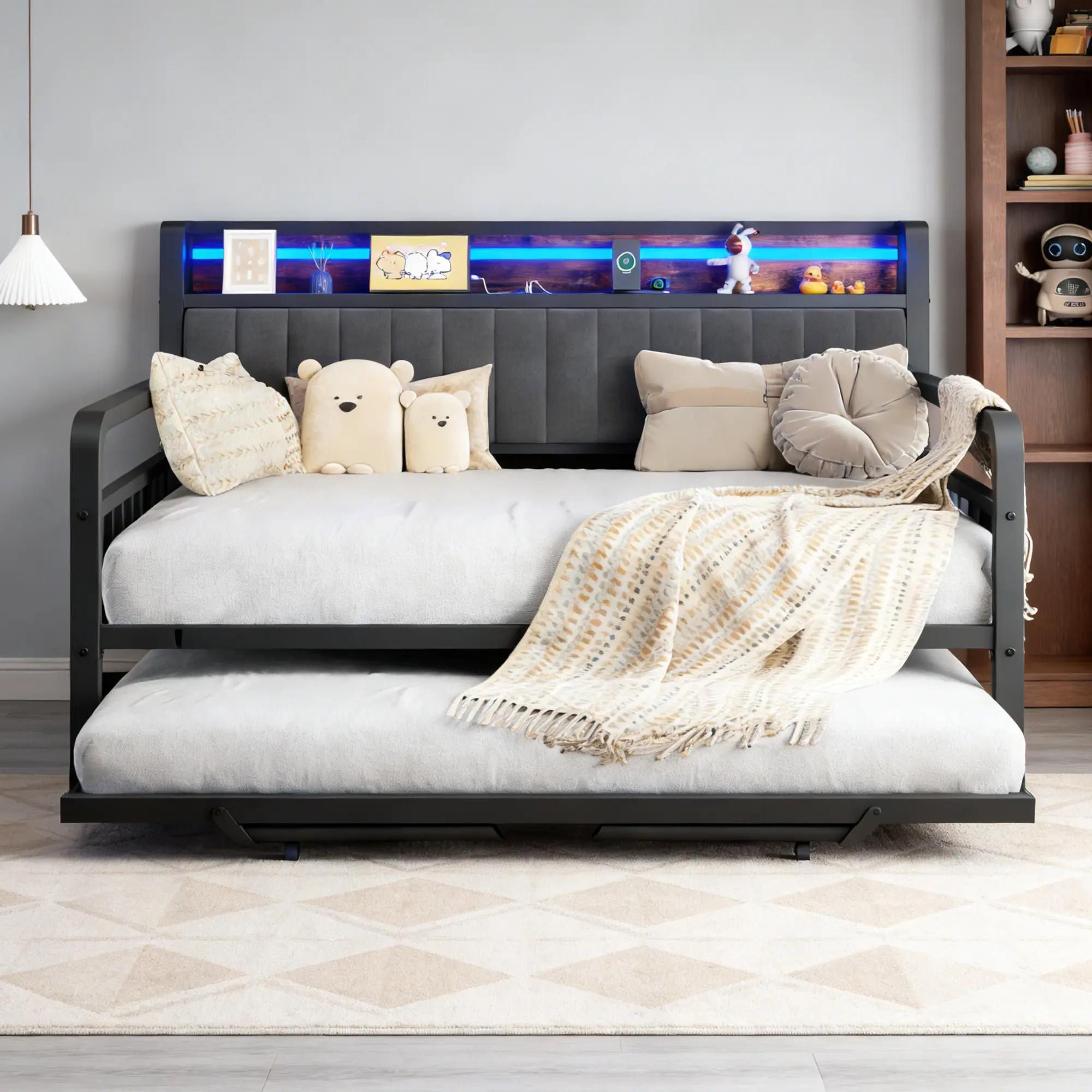 Jocoevol Full-Size Daybed with Trundle and LED Lighting – Heavy-Duty Metal Frame with Storage Headboard & Charging Station, Perfect for Living Room, Bedroom, or Guest Room