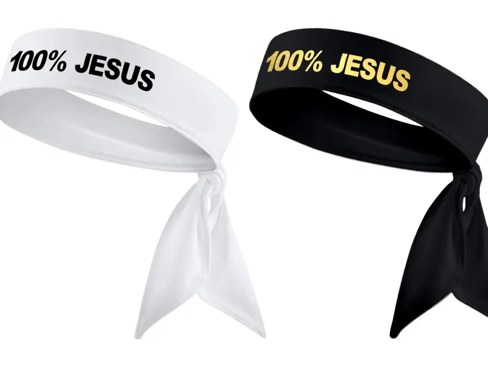 2 Pack: 100% Jesus Headband - 100 Percent Jesus Sports Head Tie Headband Soccer Fútbol Football White Black Gold Athletics Fitness Stretch Sweatband Ninja Tie Bandana - B3 U ATHLETICS